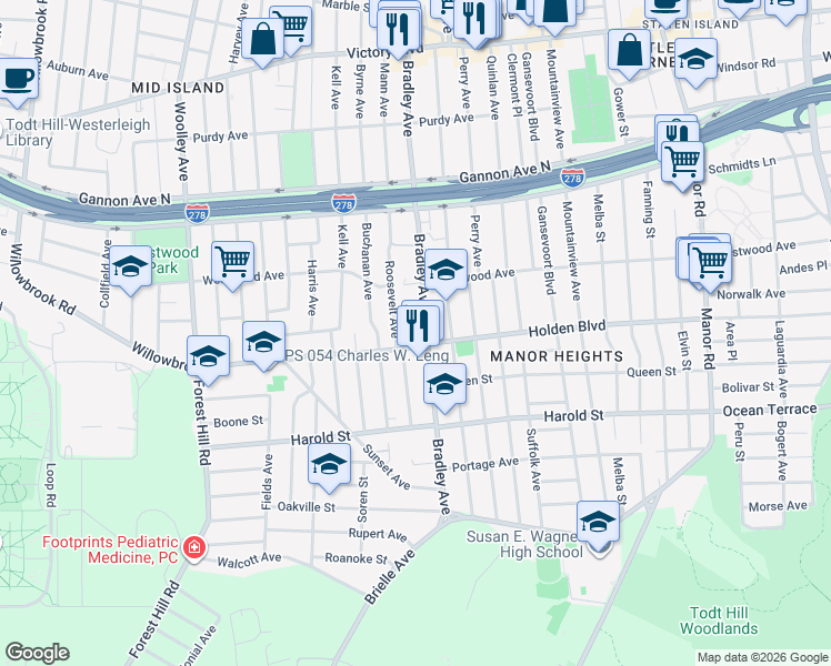map of restaurants, bars, coffee shops, grocery stores, and more near 314 Bradley Avenue in Staten Island