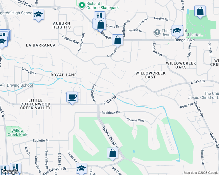 map of restaurants, bars, coffee shops, grocery stores, and more near 2623 Tuxedo Circle in Sandy