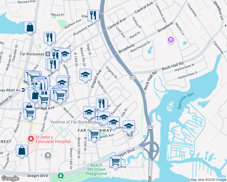 map of restaurants, bars, coffee shops, grocery stores, and more near 738 Caffrey Avenue in Queens