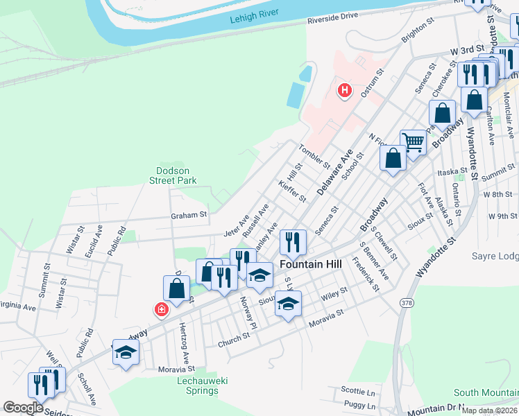 map of restaurants, bars, coffee shops, grocery stores, and more near 1201 Russell Avenue in Fountain Hill