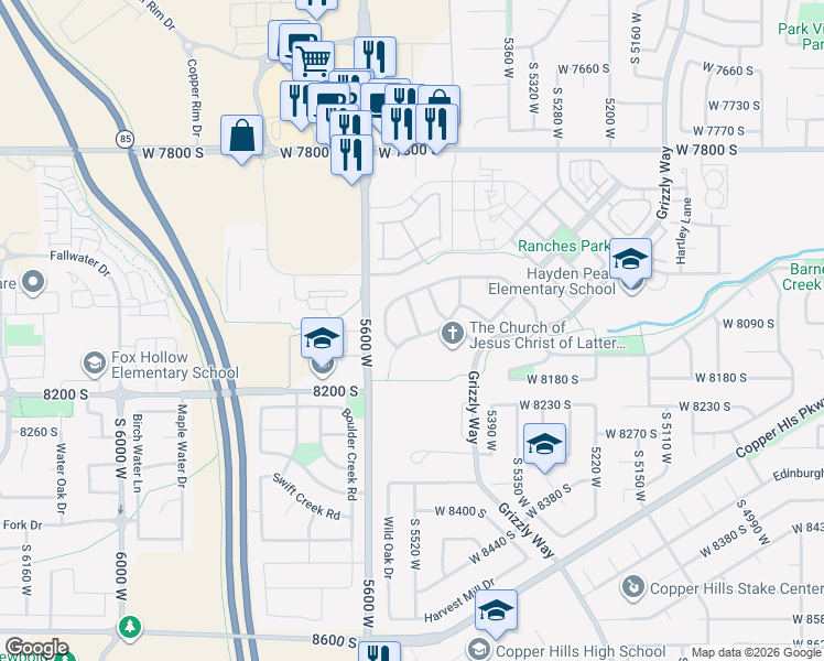map of restaurants, bars, coffee shops, grocery stores, and more near 8124 Ponds Lodge Drive in West Jordan