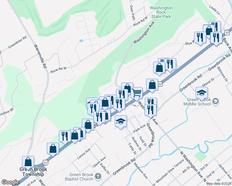 map of restaurants, bars, coffee shops, grocery stores, and more near 162 U.S. 22 in Green Brook Township