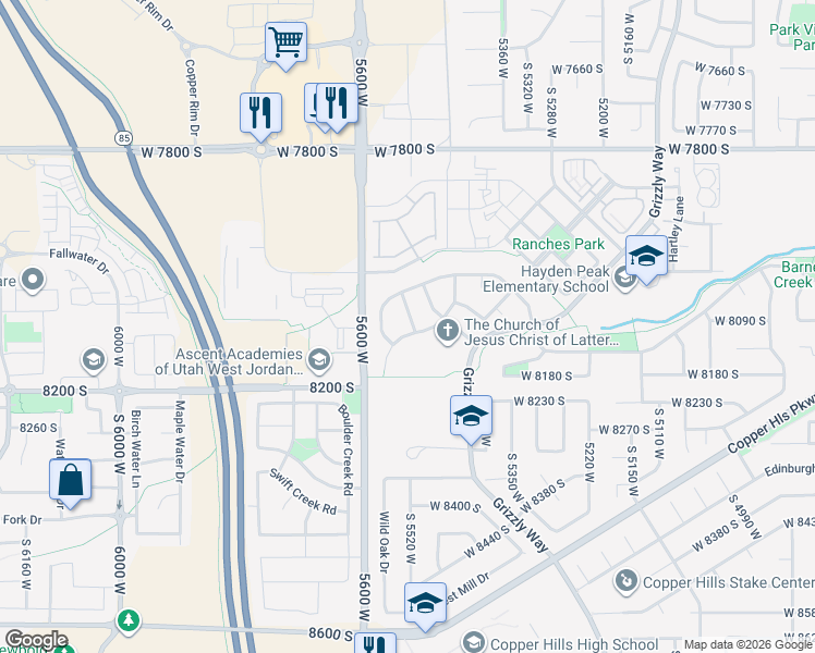 map of restaurants, bars, coffee shops, grocery stores, and more near 8092 Box Canyon Road in West Jordan