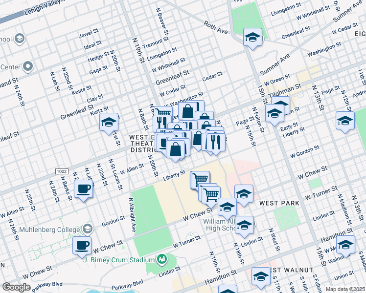 map of restaurants, bars, coffee shops, grocery stores, and more near 530 North Saint George Street in Allentown