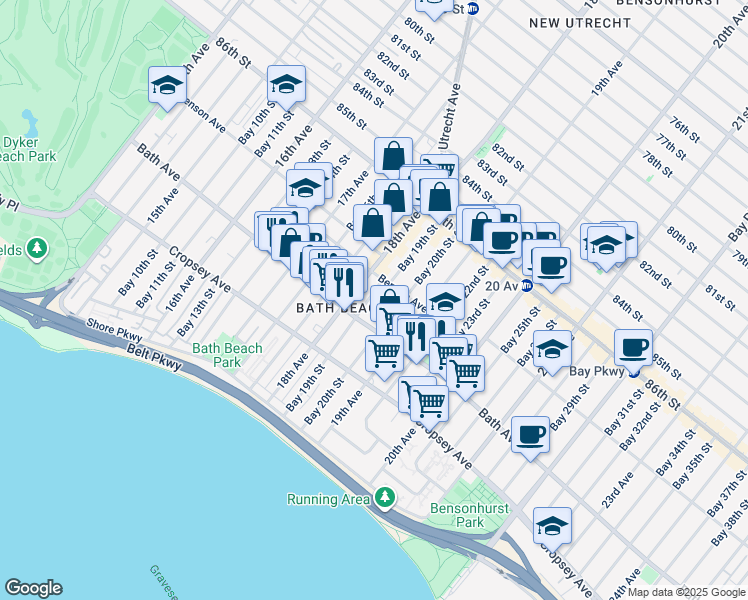 map of restaurants, bars, coffee shops, grocery stores, and more near 131 Bay 19th Street in Brooklyn
