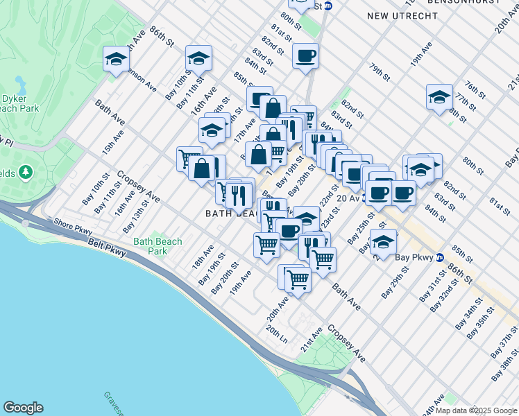 map of restaurants, bars, coffee shops, grocery stores, and more near 131 Bay 19th Street in Brooklyn