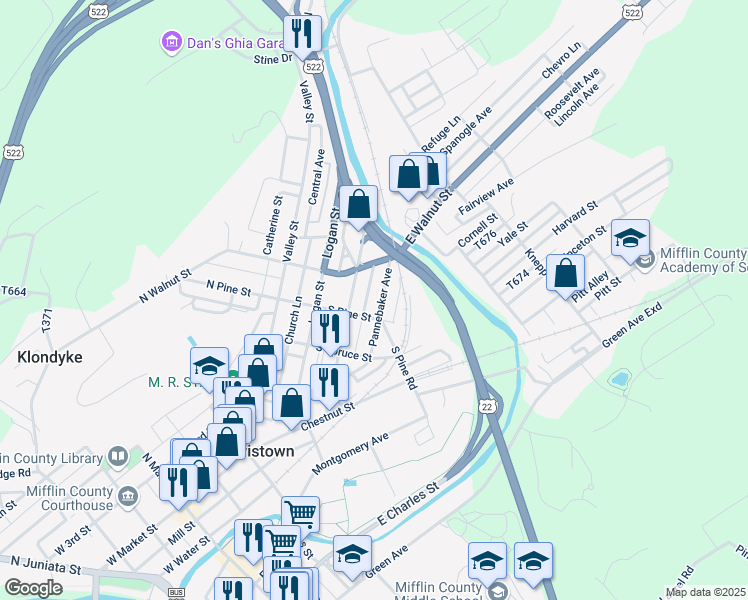 map of restaurants, bars, coffee shops, grocery stores, and more near 121 Pannebaker Avenue in Lewistown