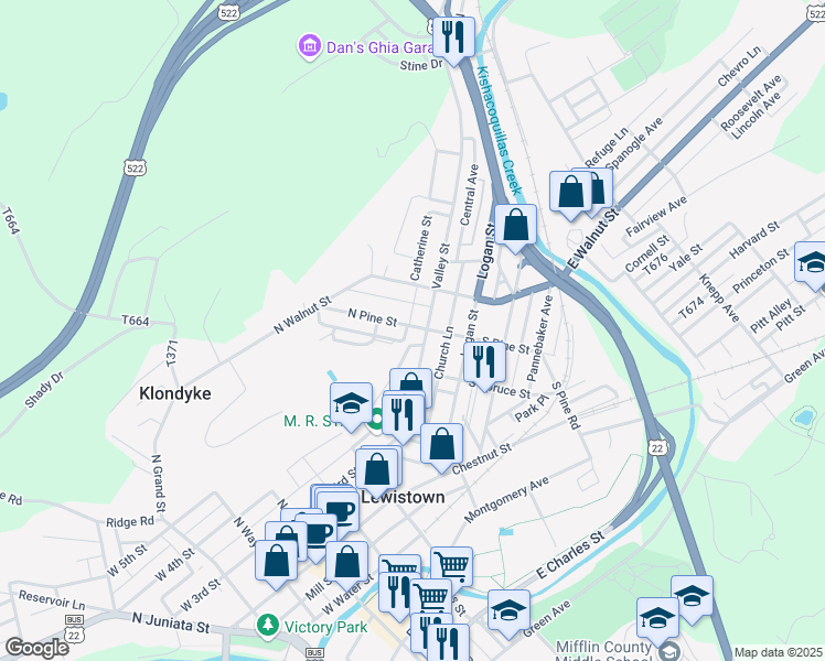 map of restaurants, bars, coffee shops, grocery stores, and more near 7 North Pine Street in Lewistown