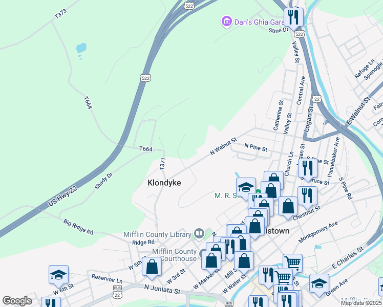 map of restaurants, bars, coffee shops, grocery stores, and more near 244 North Walnut Street in Lewistown