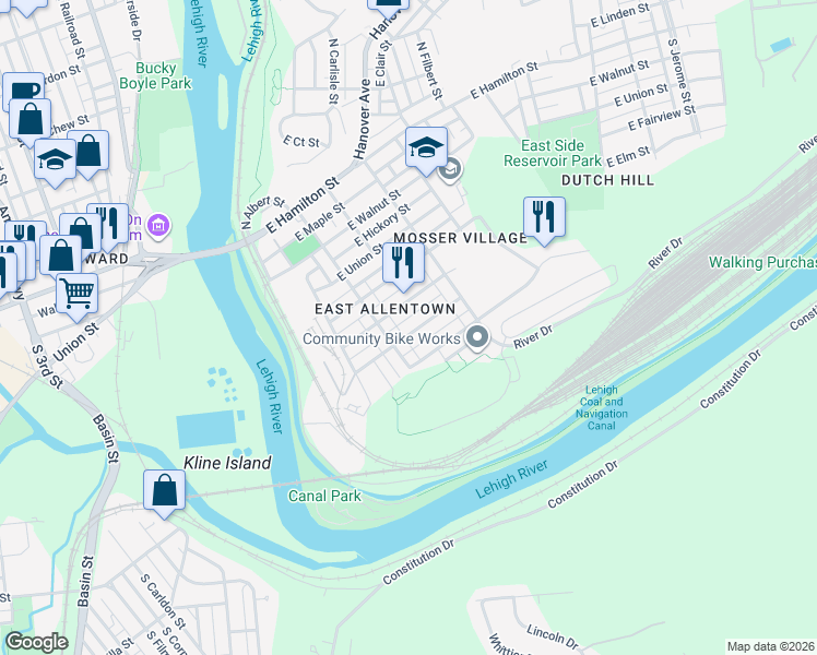 map of restaurants, bars, coffee shops, grocery stores, and more near 505 South Bradford Street in Allentown