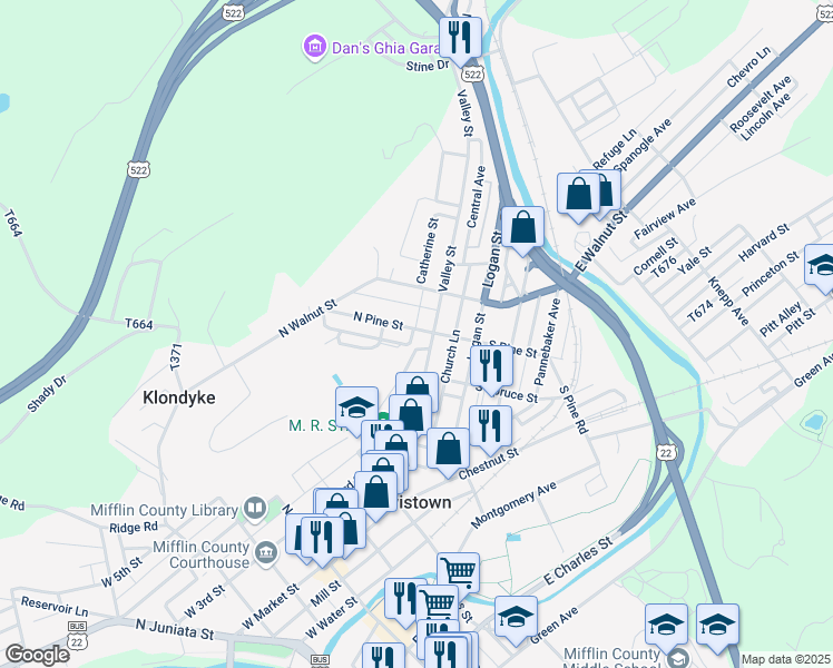 map of restaurants, bars, coffee shops, grocery stores, and more near 7 North Pine Street in Lewistown