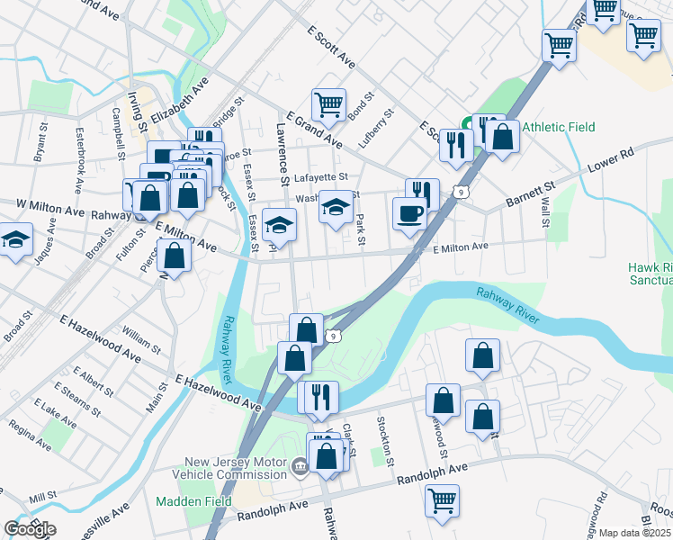 map of restaurants, bars, coffee shops, grocery stores, and more near 1608 Park Street in Rahway