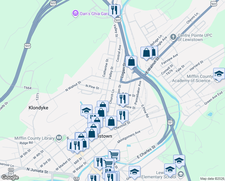 map of restaurants, bars, coffee shops, grocery stores, and more near 218 Church Lane in Lewistown