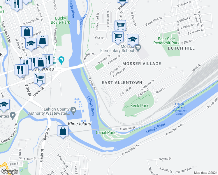 map of restaurants, bars, coffee shops, grocery stores, and more near 140 East Fairview Street in Allentown