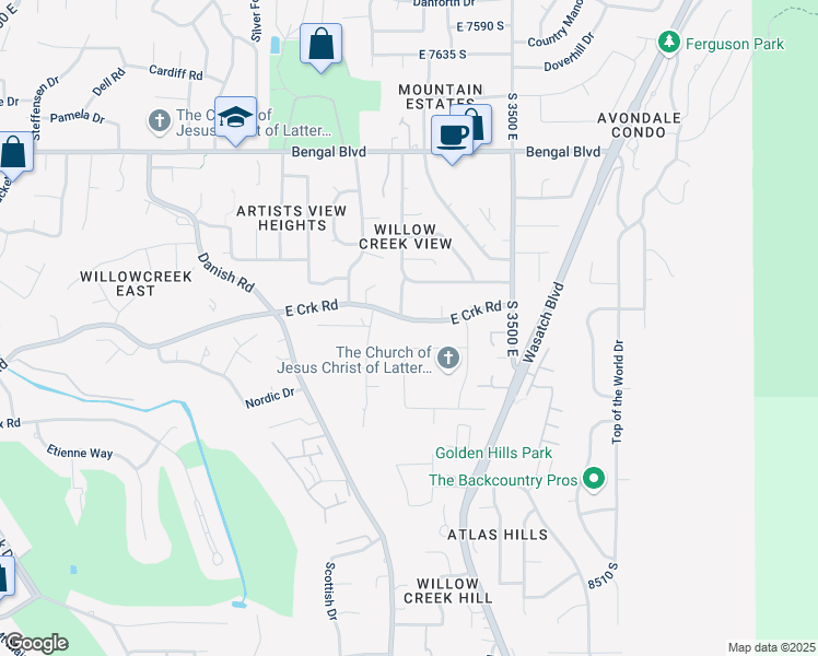 map of restaurants, bars, coffee shops, grocery stores, and more near 3338 East Creek Road in Cottonwood Heights