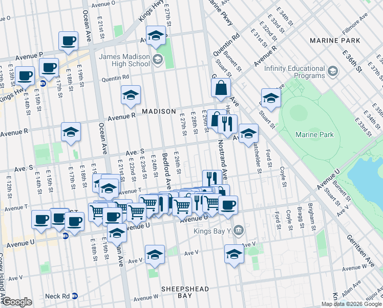 map of restaurants, bars, coffee shops, grocery stores, and more near 1950 East 27th Street in Brooklyn
