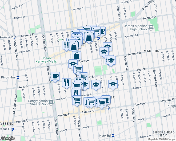 map of restaurants, bars, coffee shops, grocery stores, and more near 1887 East 13th Street in Brooklyn