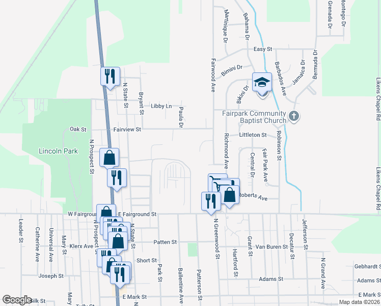 map of restaurants, bars, coffee shops, grocery stores, and more near 220 East Fairground Street in Marion