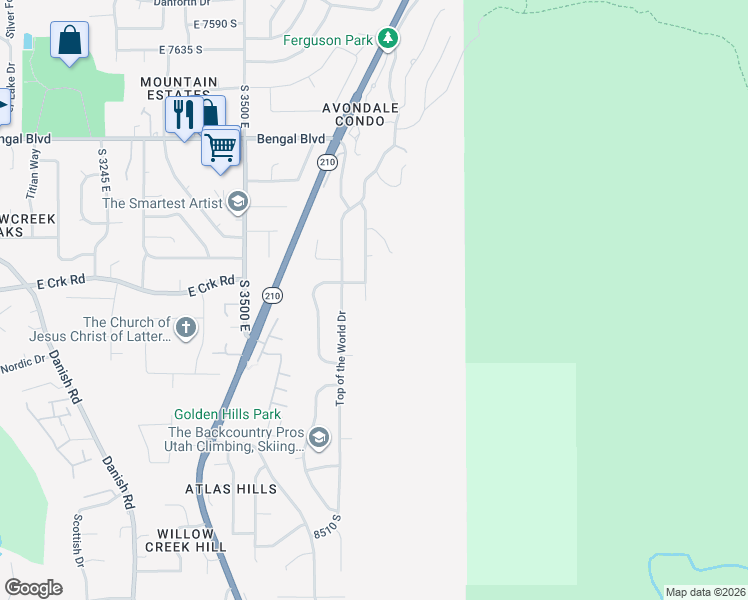 map of restaurants, bars, coffee shops, grocery stores, and more near 8085 Mountain Oaks Circle in Cottonwood Heights
