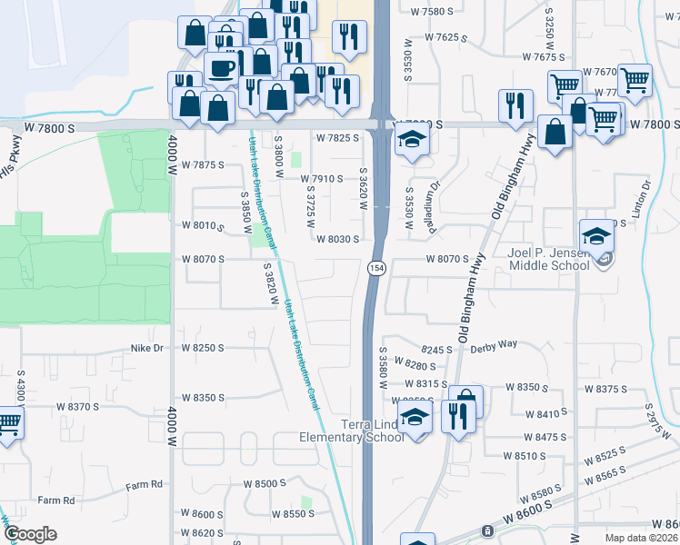 map of restaurants, bars, coffee shops, grocery stores, and more near 8128 Mallard Lane in West Jordan