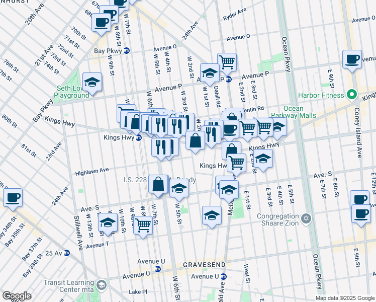 map of restaurants, bars, coffee shops, grocery stores, and more near 1780 West 3rd Street in Brooklyn