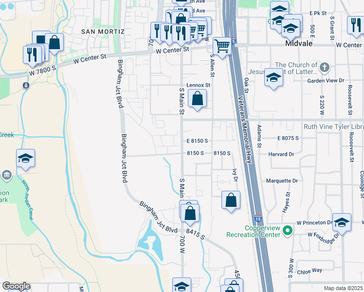 map of restaurants, bars, coffee shops, grocery stores, and more near 8120 Main Street in Midvale