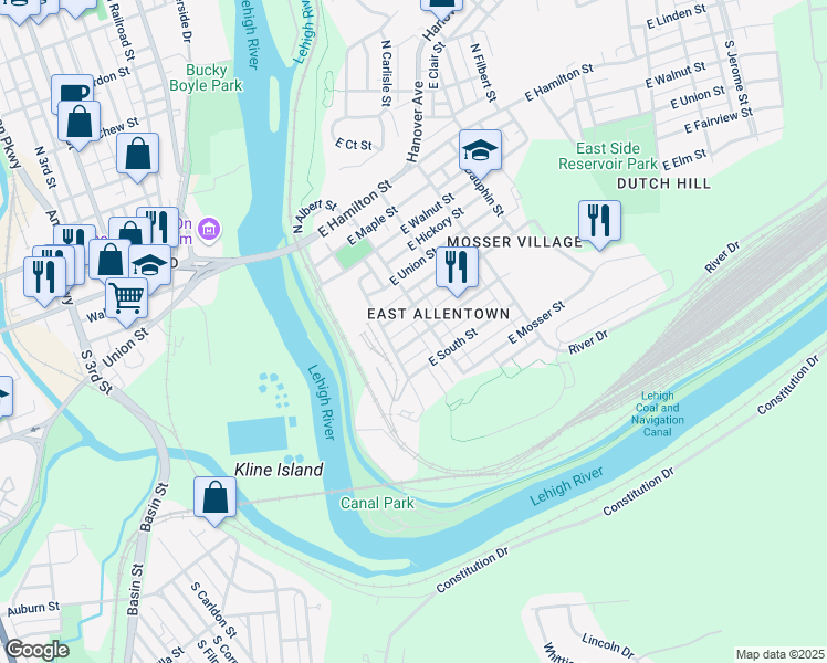 map of restaurants, bars, coffee shops, grocery stores, and more near 158 East Ford Street in Allentown
