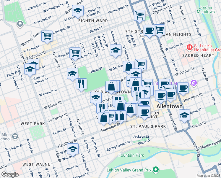 map of restaurants, bars, coffee shops, grocery stores, and more near in Allentown