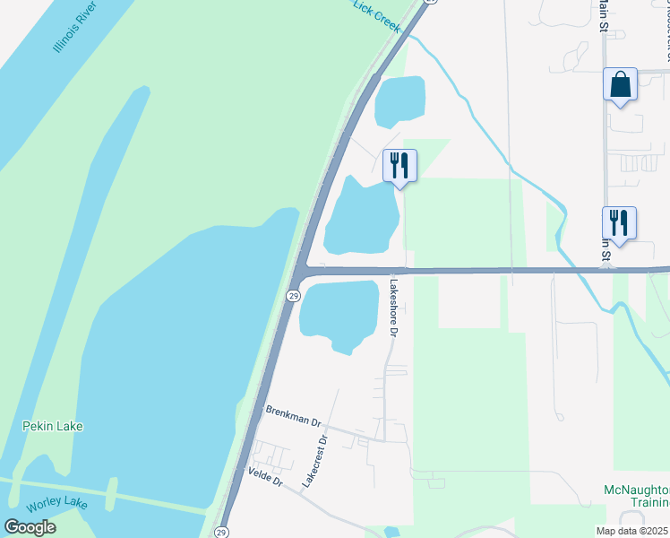 map of restaurants, bars, coffee shops, grocery stores, and more near 71 Edgewater Drive in North Pekin