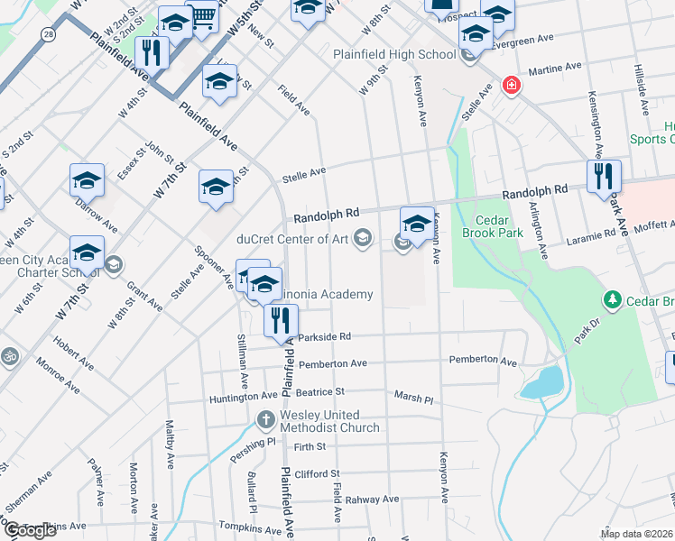 map of restaurants, bars, coffee shops, grocery stores, and more near 1039 Field Avenue in Plainfield