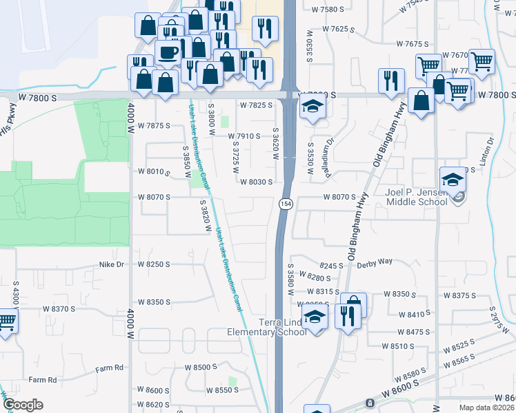 map of restaurants, bars, coffee shops, grocery stores, and more near 8128 Mallard Lane in West Jordan