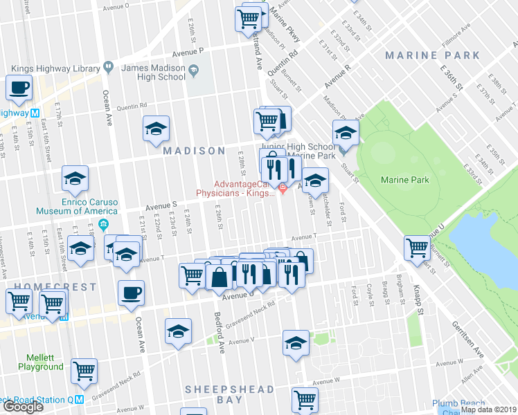 map of restaurants, bars, coffee shops, grocery stores, and more near 1960 East 29th Street in Brooklyn