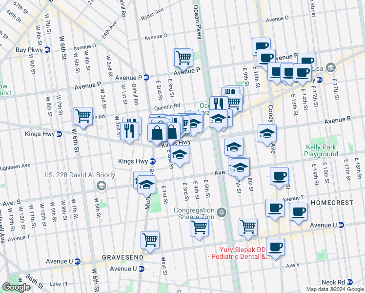 map of restaurants, bars, coffee shops, grocery stores, and more near 1919 East 3rd Street in Brooklyn