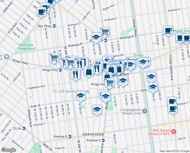 map of restaurants, bars, coffee shops, grocery stores, and more near 33 Van Sicklen Street in Brooklyn