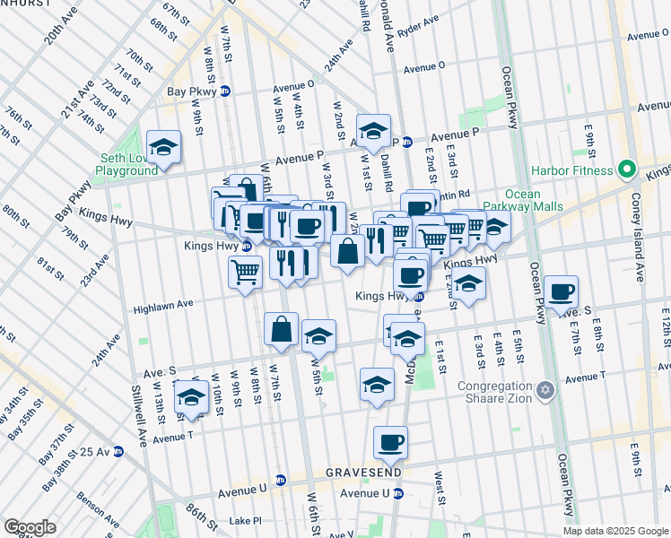 map of restaurants, bars, coffee shops, grocery stores, and more near 1802 West 4th Street in Brooklyn