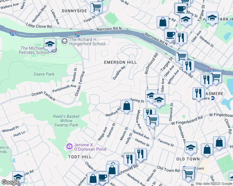 map of restaurants, bars, coffee shops, grocery stores, and more near 157 Spring Street in Staten Island