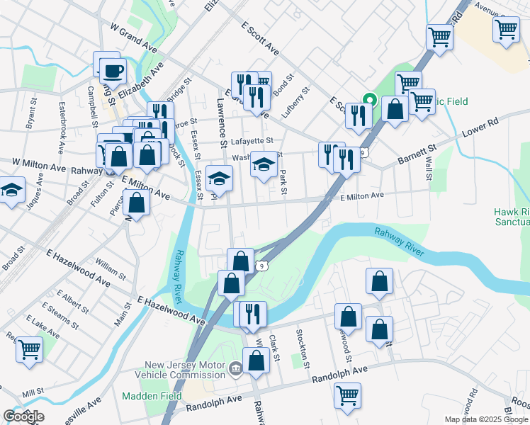 map of restaurants, bars, coffee shops, grocery stores, and more near 1608 Park Street in Rahway