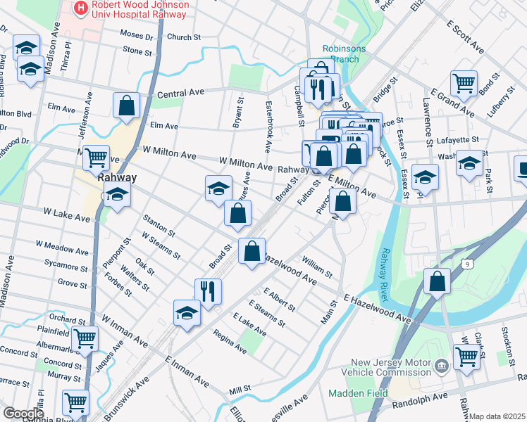 map of restaurants, bars, coffee shops, grocery stores, and more near 15 Maple Avenue in Rahway