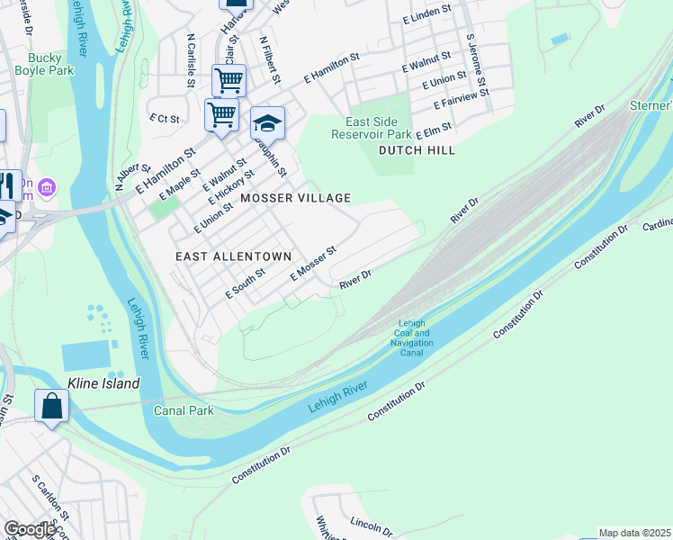 map of restaurants, bars, coffee shops, grocery stores, and more near 333 River Drive in Allentown