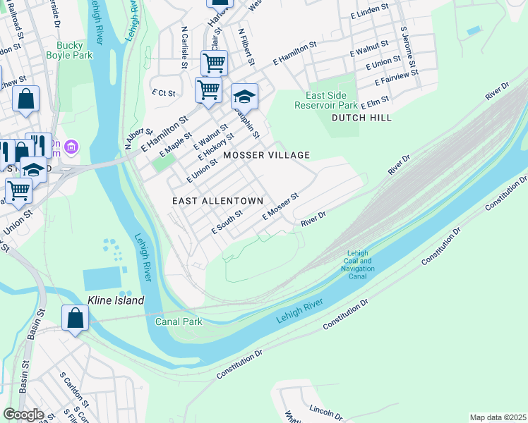 map of restaurants, bars, coffee shops, grocery stores, and more near 240 East Mosser Street in Allentown