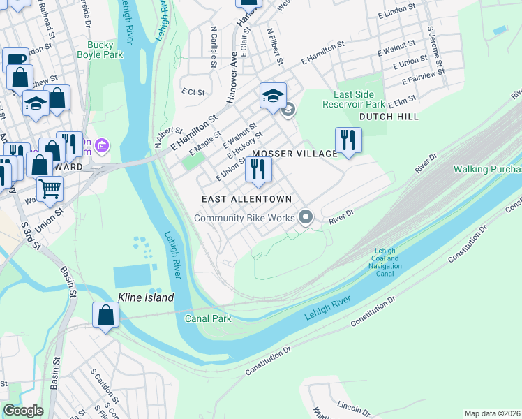 map of restaurants, bars, coffee shops, grocery stores, and more near 505 South Bradford Street in Allentown