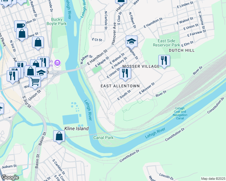 map of restaurants, bars, coffee shops, grocery stores, and more near 158 East Ford Street in Allentown