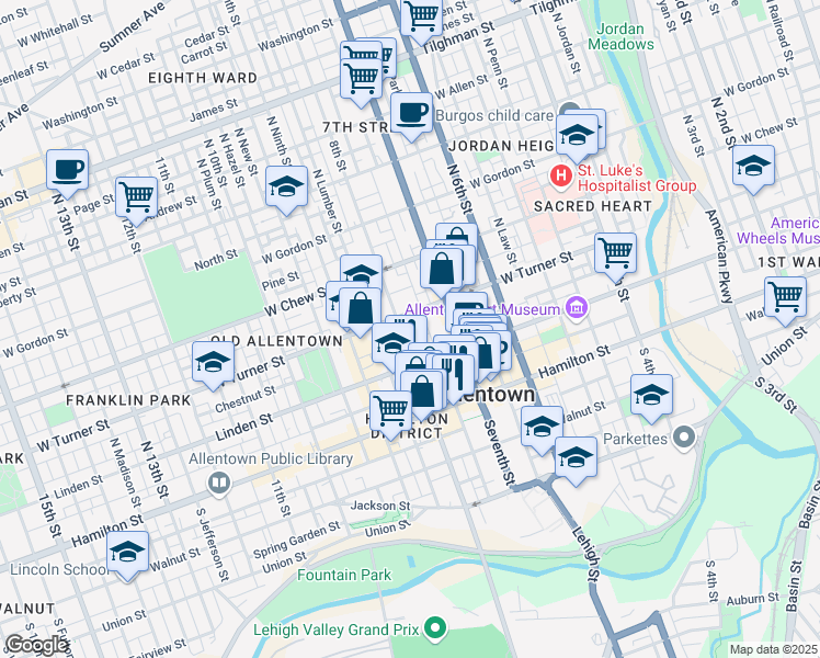 map of restaurants, bars, coffee shops, grocery stores, and more near 107 North Eighth Street in Allentown