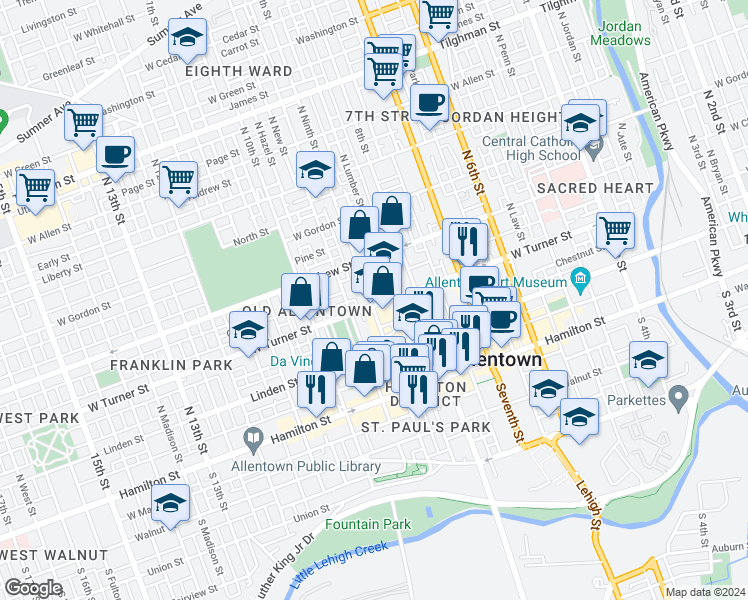 map of restaurants, bars, coffee shops, grocery stores, and more near 136 North Ninth Street in Allentown