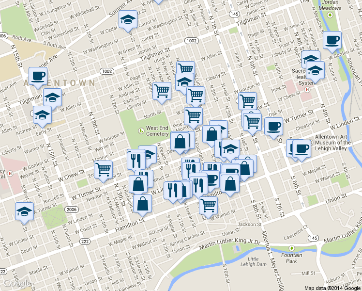 map of restaurants, bars, coffee shops, grocery stores, and more near in Allentown