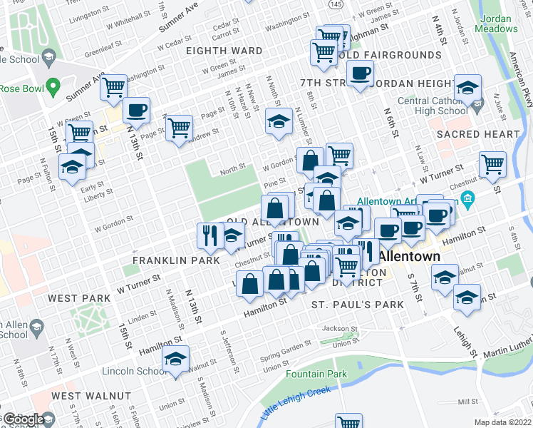 map of restaurants, bars, coffee shops, grocery stores, and more near in Allentown