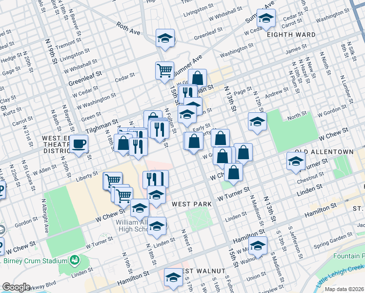 map of restaurants, bars, coffee shops, grocery stores, and more near 418 North Fulton Street in Allentown
