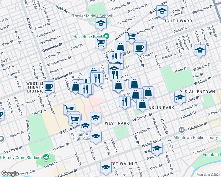 map of restaurants, bars, coffee shops, grocery stores, and more near 418 North Fulton Street in Allentown