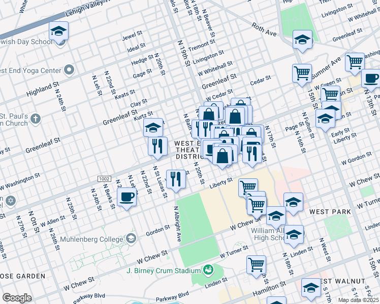 map of restaurants, bars, coffee shops, grocery stores, and more near 1949 Allen Street in Allentown