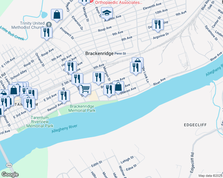 map of restaurants, bars, coffee shops, grocery stores, and more near 906 Stieren Avenue in Brackenridge